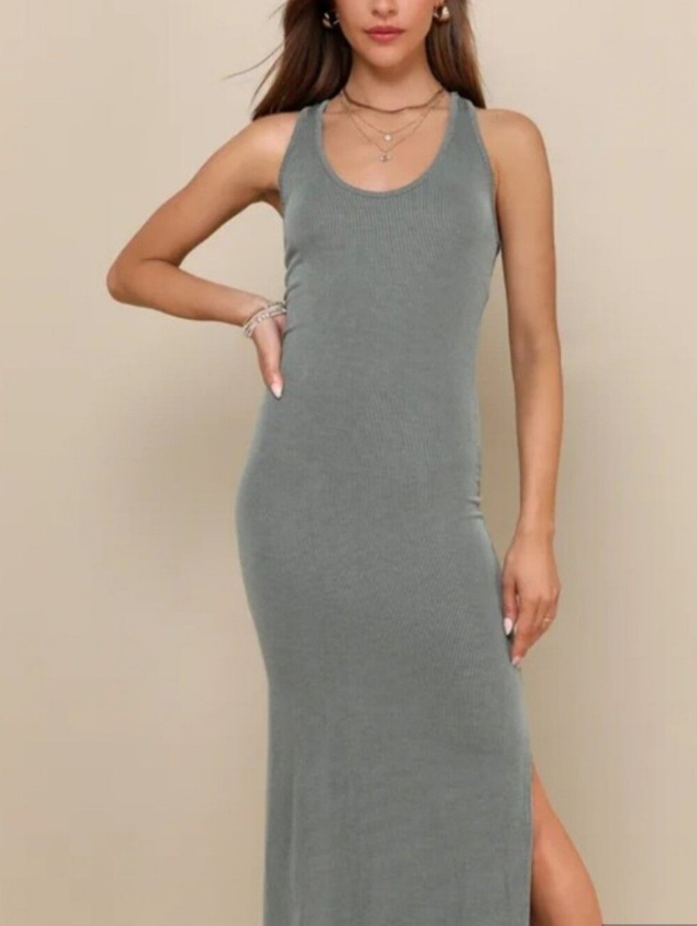 Sleek Olive-Green Ribbed Tank Maxi Dress